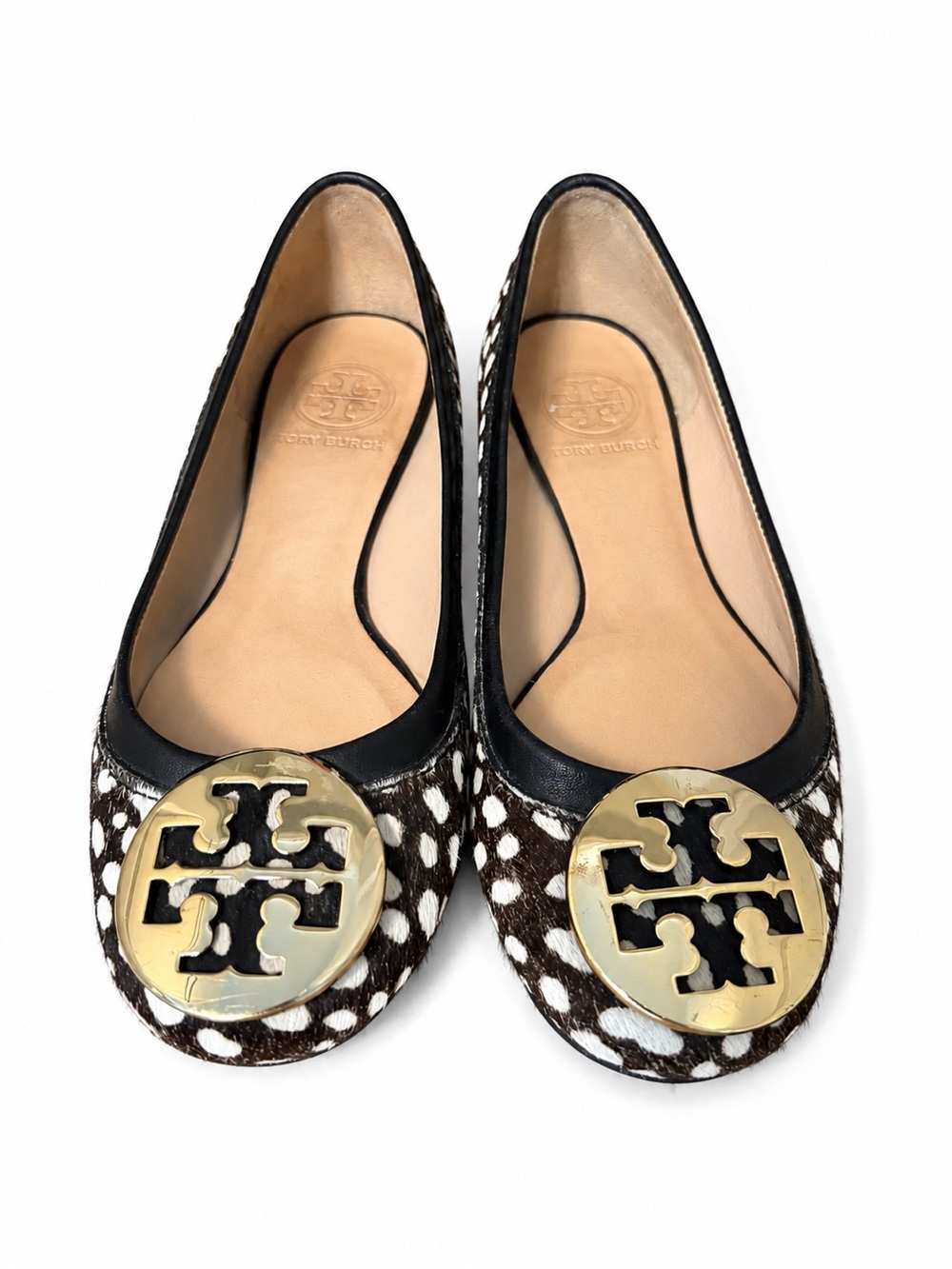 Tory Burch Brown & White Calf Hair Logo Medallion Flats